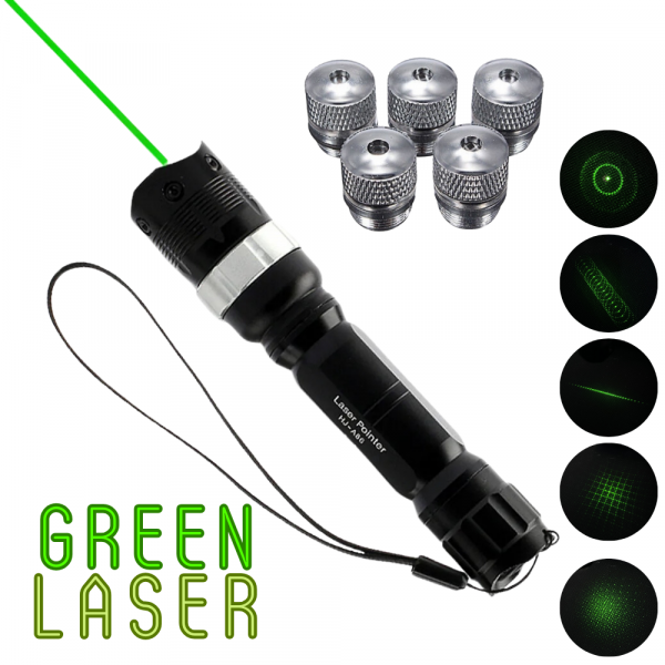 Мощен зелен лазер GREEN LASER POINTER с 5 приставки - пойнтер 200mW с проекция до 10000 метра, zoom